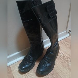 London Fly Knee-High Patent Leather Wedge Boots Sz:40